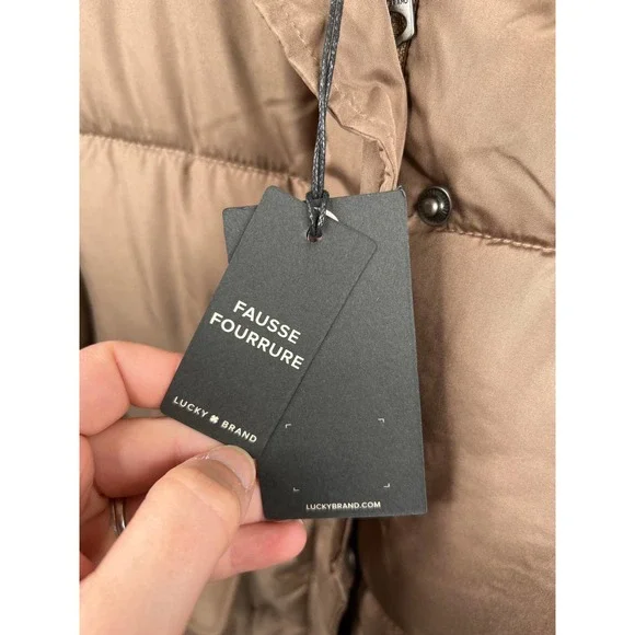 Lucky Brand Faux-Fur-Lined Hooded Puffer Coat Taupe Brown Size: Large NWT - Picture 5 of 7